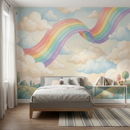 Pastel Rainbow Wallpaper Clouds Whimsical Sky Wall Mural