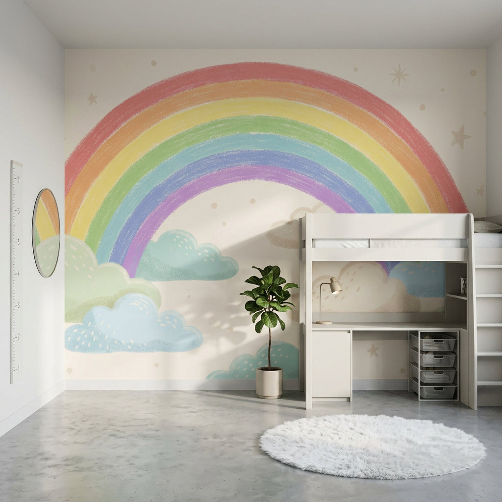 Pastel Rainbow Wallpaper Clouds Hand Drawn Wall Mural
