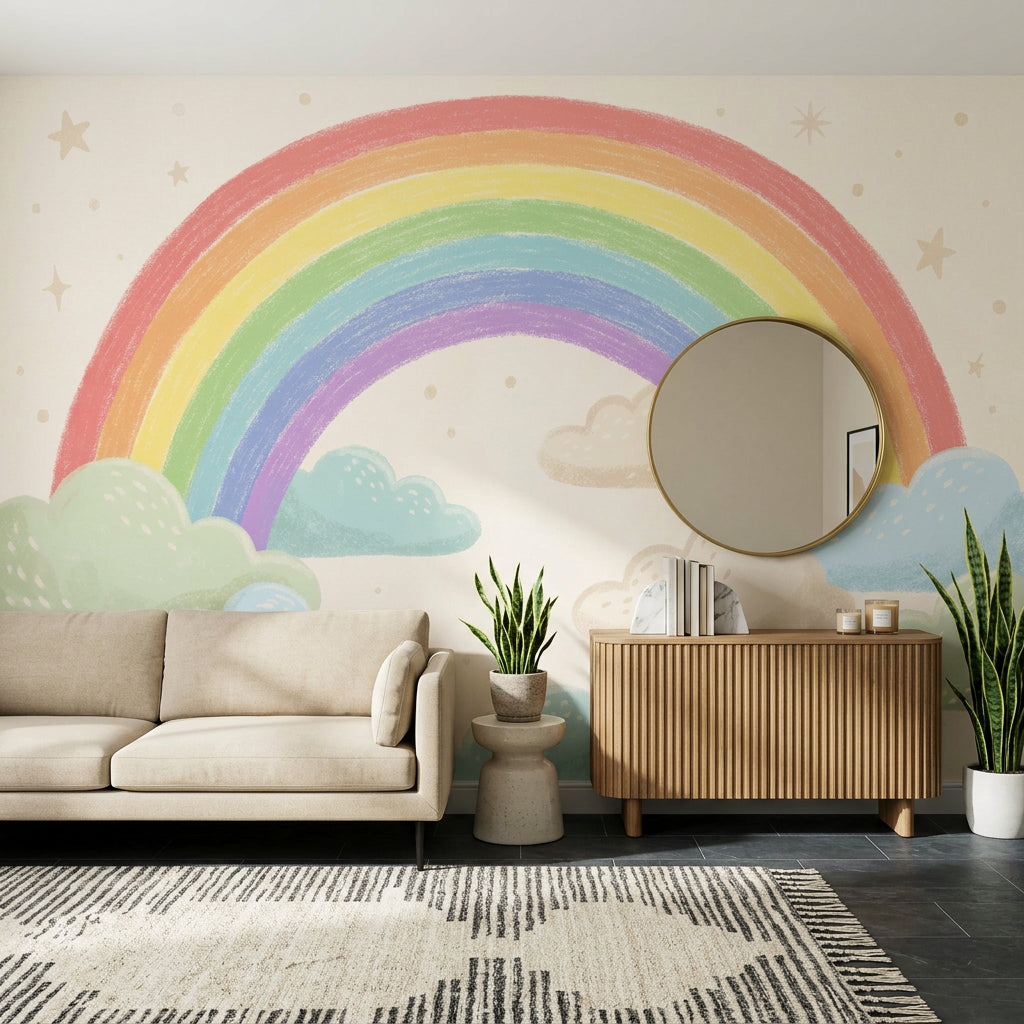 Pastel Rainbow Wallpaper Clouds Hand Drawn Wall Mural