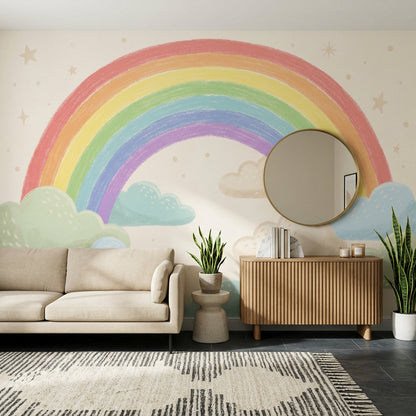Pastel Rainbow Wallpaper Clouds Hand Drawn Wall Mural