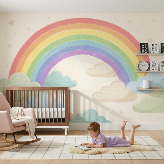 Pastel Rainbow Wallpaper Clouds Hand Drawn Wall Mural