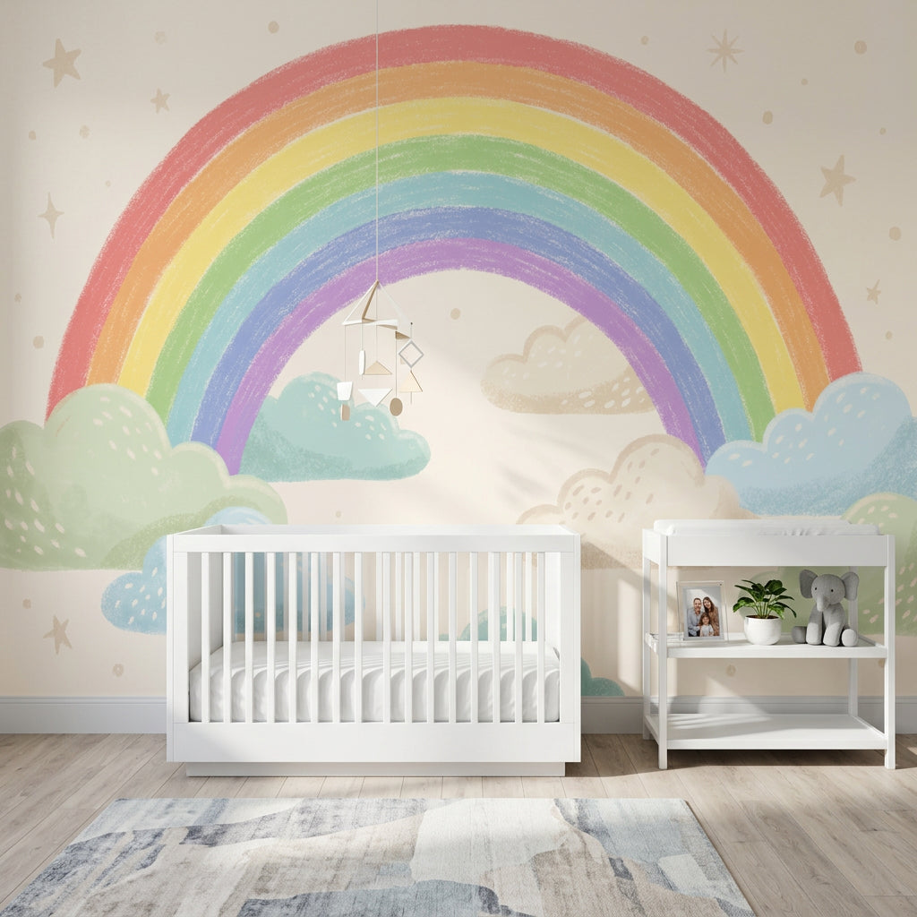 Pastel Rainbow Wallpaper Clouds Hand Drawn Wall Mural