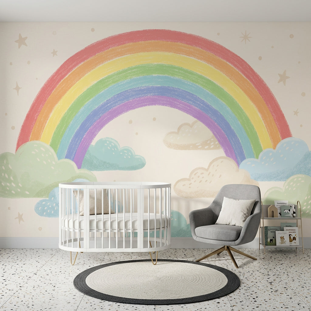 Pastel Rainbow Wallpaper Clouds Hand Drawn Wall Mural
