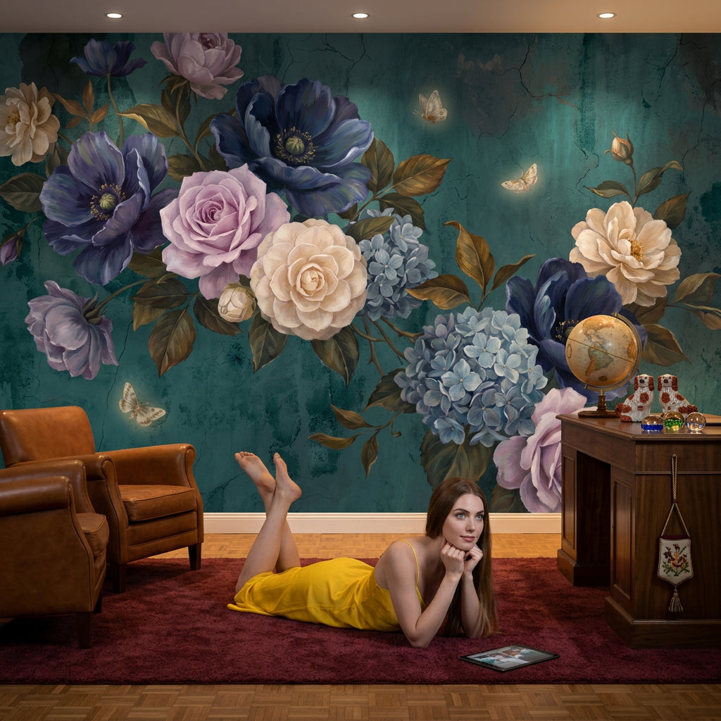 Vintage Botanical Wallpaper Floral Bouquet Dark Teal Background Wall Mural