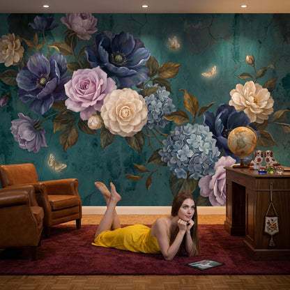 Vintage Botanical Wallpaper Floral Bouquet Dark Teal Background Wall Mural