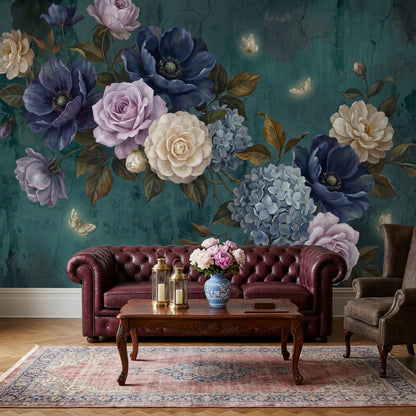 Vintage Botanical Wallpaper Floral Bouquet Dark Teal Background Wall Mural