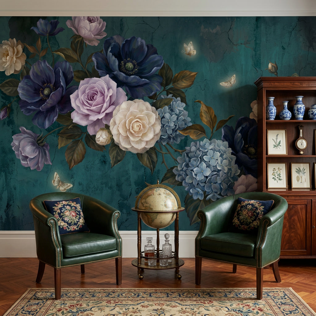 Vintage Botanical Wallpaper Floral Bouquet Dark Teal Background Wall Mural