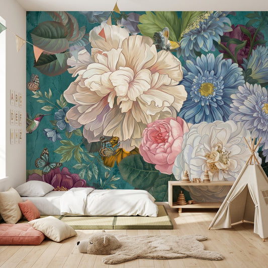 Vintage Wallpaper Floral Teal Background Removable Wall Decor
