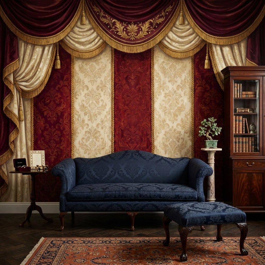 Theatrical Drapery Wallpaper Dark Burgundy European Baroque Wall Mural
