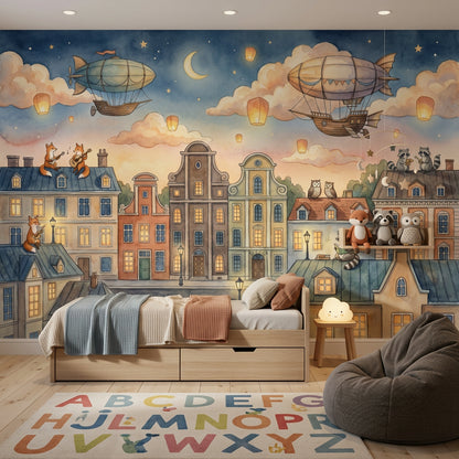 Whimsical Cityscape Wallpaper Dark Night Sky Watercolor Illustration Removable Wall Decor