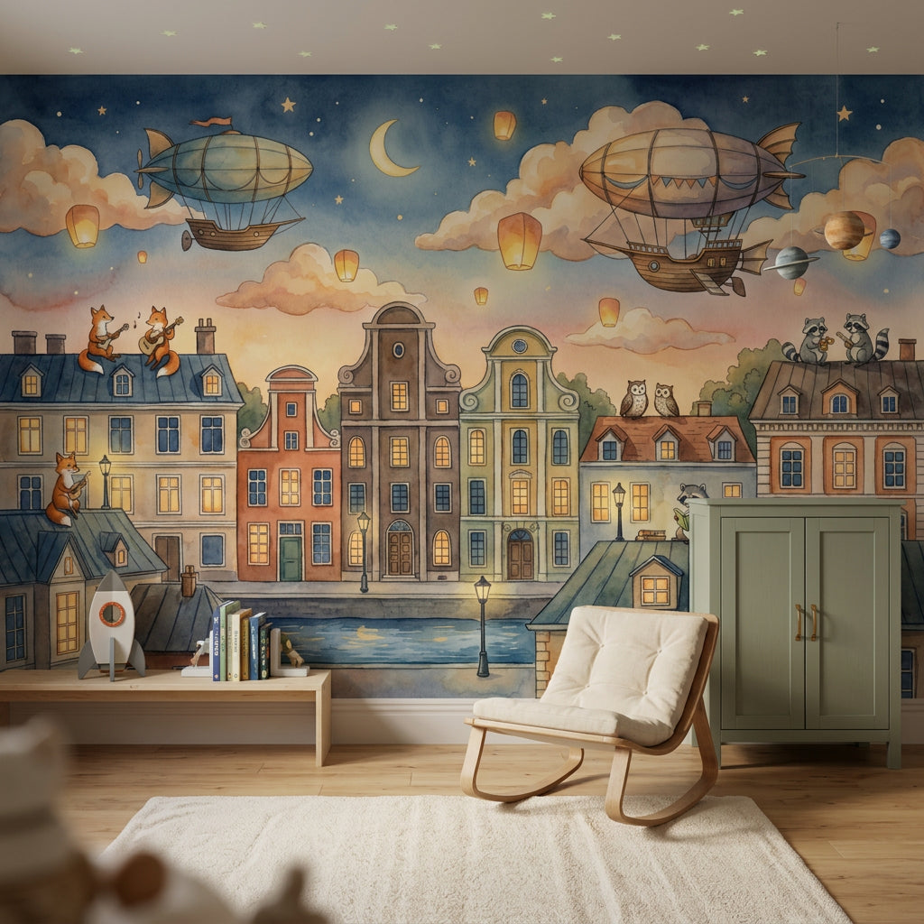 Whimsical Cityscape Wallpaper Dark Night Sky Watercolor Illustration Removable Wall Decor