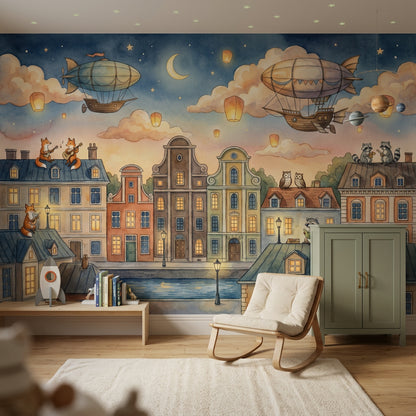 Whimsical Cityscape Wallpaper Dark Night Sky Watercolor Illustration Removable Wall Decor