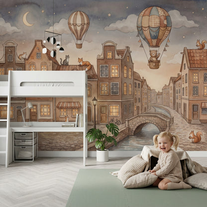European Canal Town Wallpaper Watercolor Illustration Hot Air Balloons Removable Wall Decor