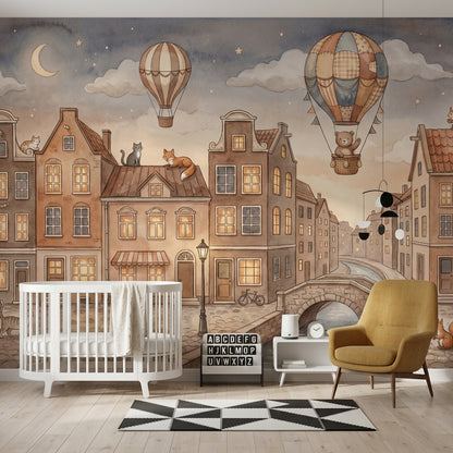 European Canal Town Wallpaper Watercolor Illustration Hot Air Balloons Removable Wall Decor