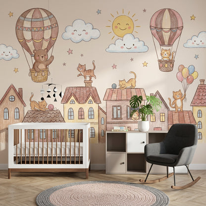 Kids Wallpaper Cute Town Removable Hot Air Balloons Wall Decor