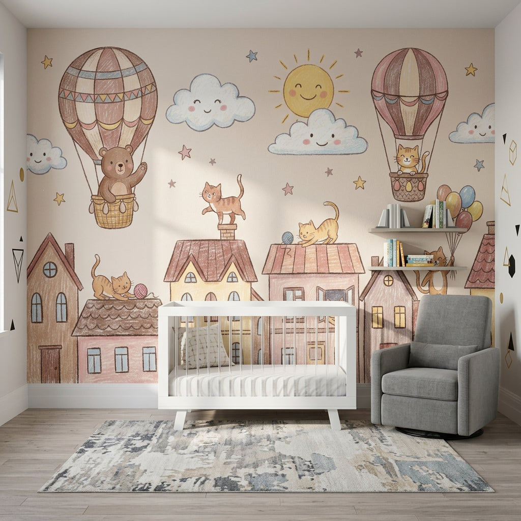Kids Wallpaper Cute Town Removable Hot Air Balloons Wall Decor
