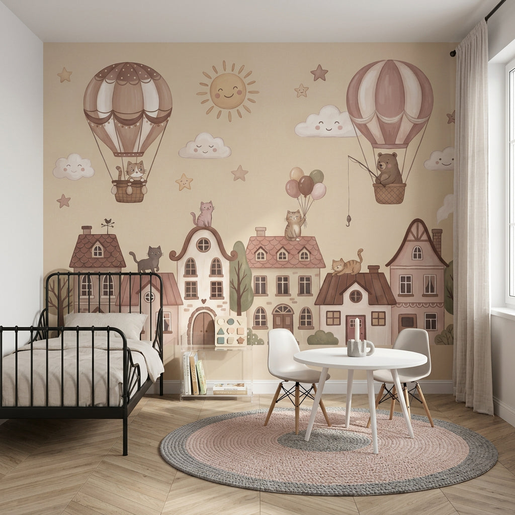 Storybook Village Wallpaper Hot Air Balloons Whimsical Removable Wall Decor