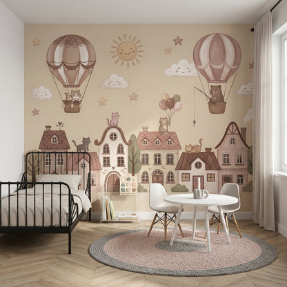 Storybook Village Wallpaper Hot Air Balloons Whimsical Removable Wall Decor
