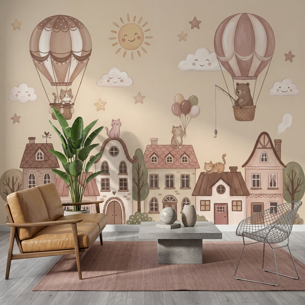 Storybook Village Wallpaper Hot Air Balloons Whimsical Removable Wall Decor