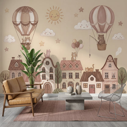 Storybook Village Wallpaper Hot Air Balloons Whimsical Removable Wall Decor