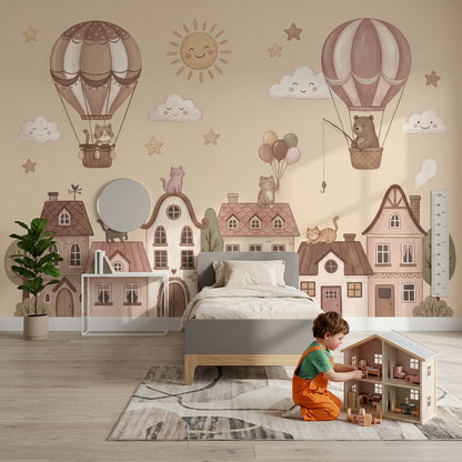 Storybook Village Wallpaper Hot Air Balloons Whimsical Removable Wall Decor