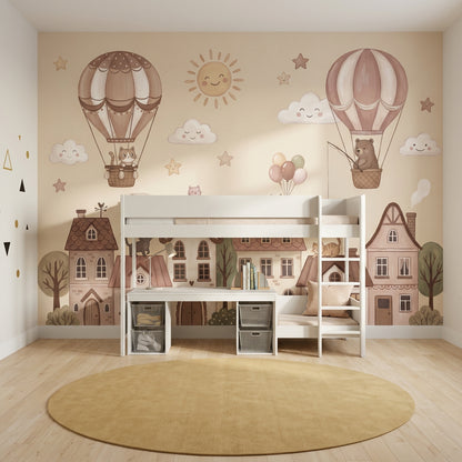 Storybook Village Wallpaper Hot Air Balloons Whimsical Removable Wall Decor
