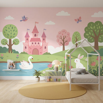 Pastel Fairytale Wallpaper Pink Castle Storybook Landscape Wall Mural
