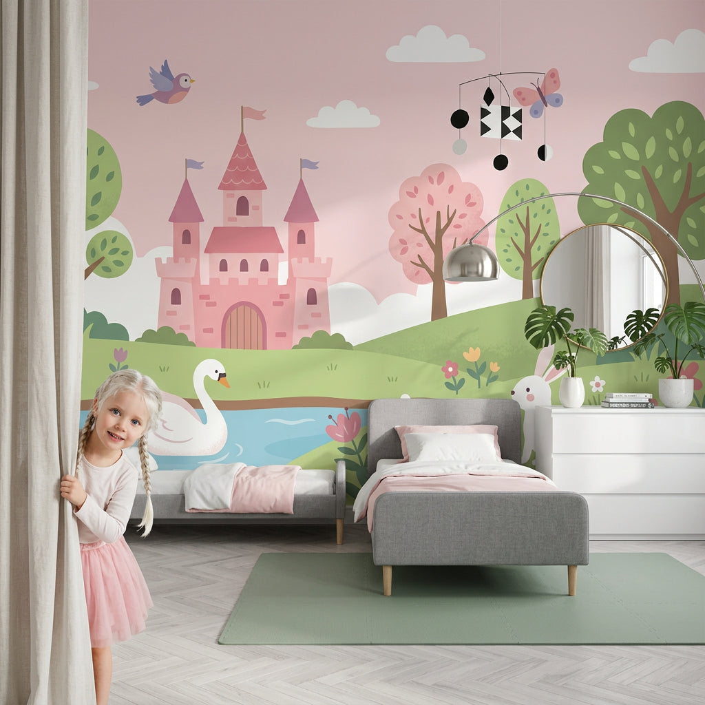 Pastel Fairytale Wallpaper Pink Castle Storybook Landscape Wall Mural