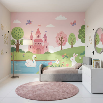 Pastel Fairytale Wallpaper Pink Castle Storybook Landscape Wall Mural