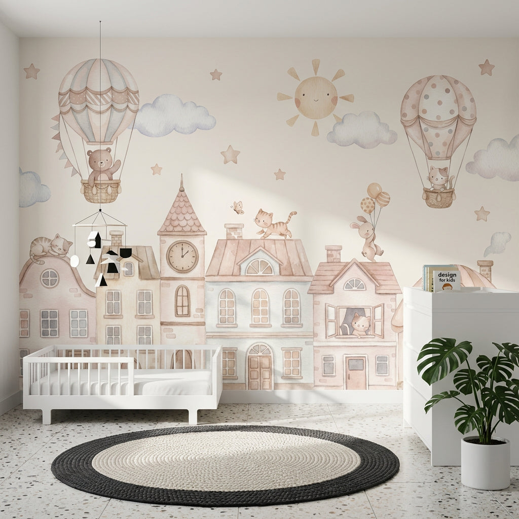 Hot Air Balloon Wallpaper Storybook Town Removable Nursery Wall Decor