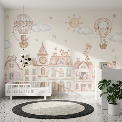 Hot Air Balloon Wallpaper Storybook Town Removable Nursery Wall Decor