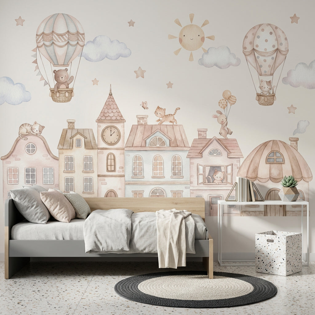 Hot Air Balloon Wallpaper Storybook Town Removable Nursery Wall Decor