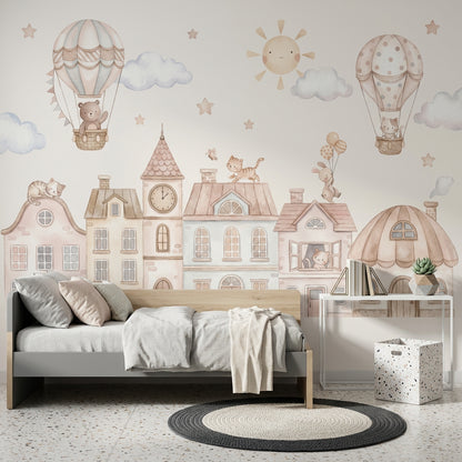Hot Air Balloon Wallpaper Storybook Town Removable Nursery Wall Decor