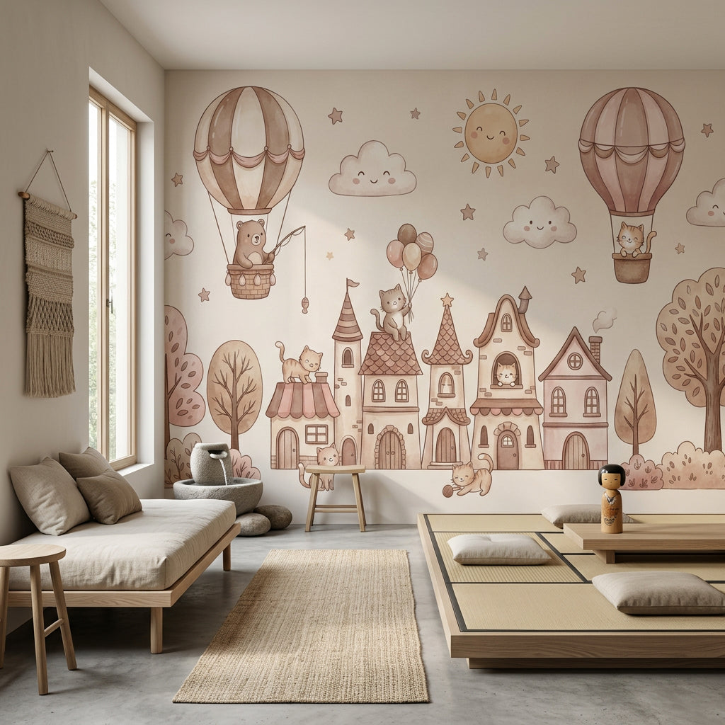 Storybook Village Wallpaper Cats Hot Air Balloons Removable Wall Decor