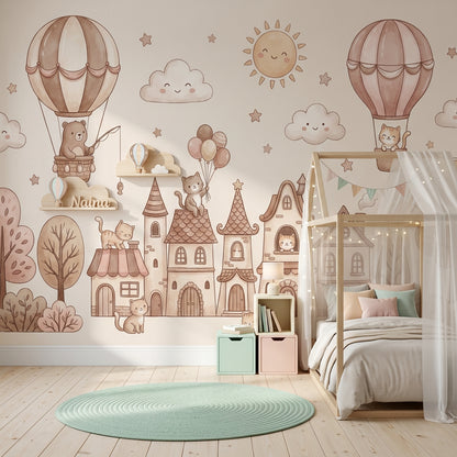 Storybook Village Wallpaper Cats Hot Air Balloons Removable Wall Decor