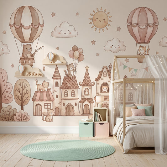 Storybook Village Wallpaper Cats Hot Air Balloons Removable Wall Decor