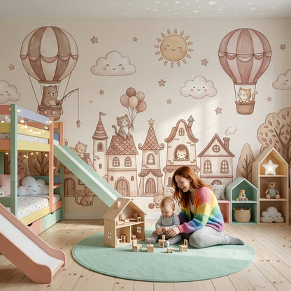 Storybook Village Wallpaper Cats Hot Air Balloons Removable Wall Decor