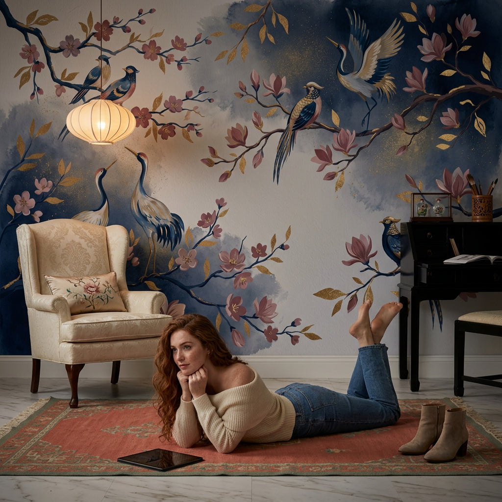 Chinoiserie Wallpaper Floral Branches Birds Wall Mural