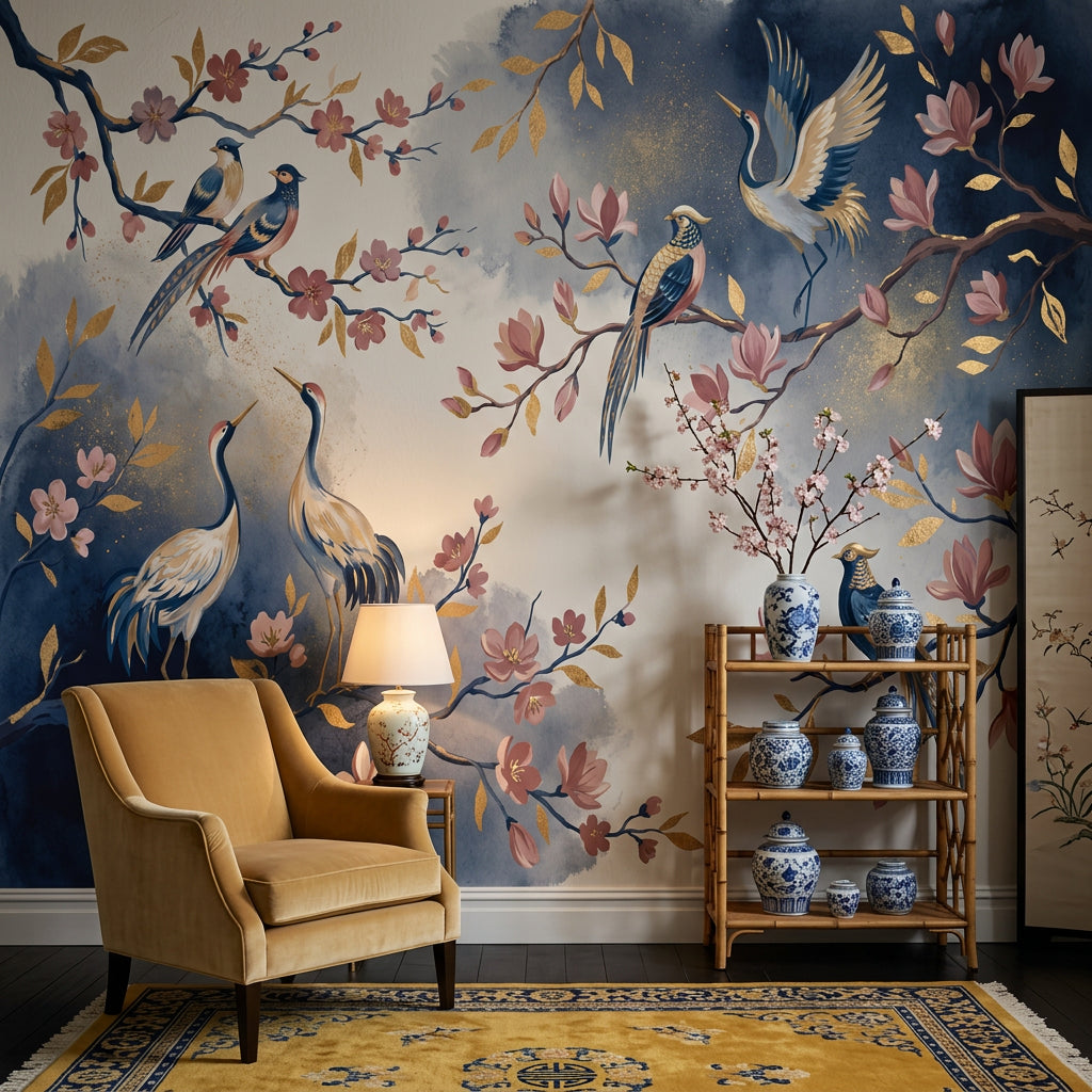 Chinoiserie Wallpaper Floral Branches Birds Wall Mural