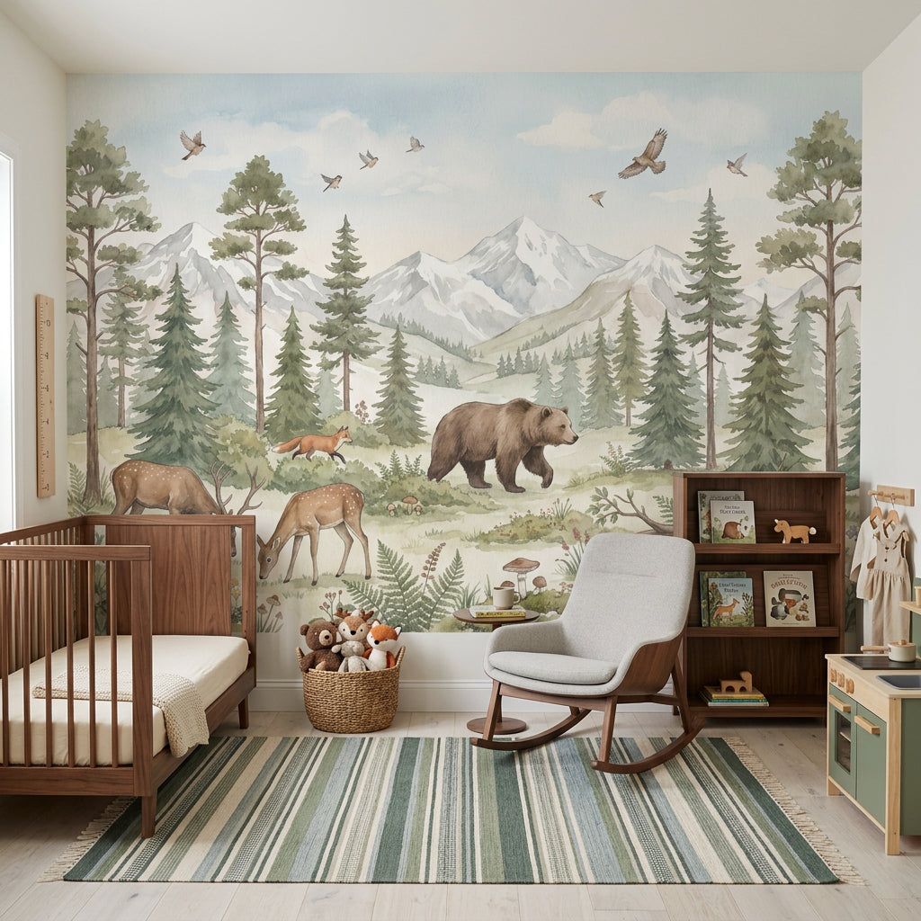 Woodland Wallpaper Mountain Landscape Watercolor Wall Mural
