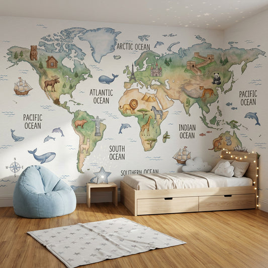 World Map Wallpaper Global Map Removable Educational Map Wall Decor