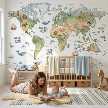 World Map Wallpaper Global Map Removable Educational Map Wall Decor