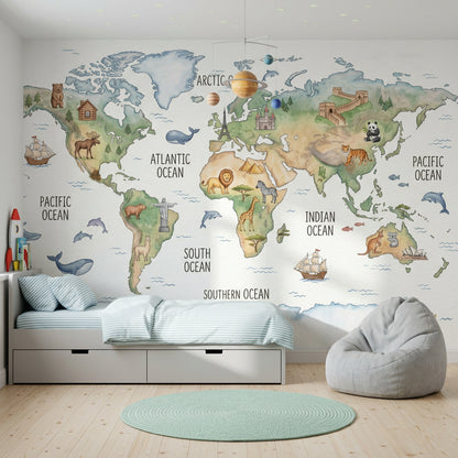 World Map Wallpaper Global Map Removable Educational Map Wall Decor