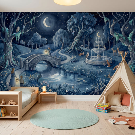 Moonlit Forest Wallpaper Storybook Illustration Night Landscape Removable Wall Decor