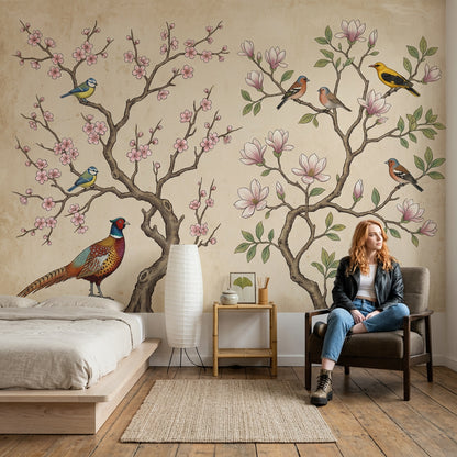 Pink Cherry Wallpaper Cherry Blossom Birds Wall Mural