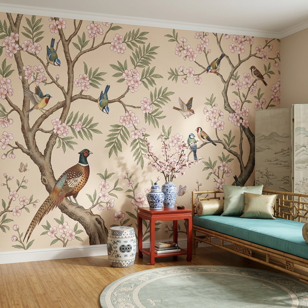 Floral Branches Wallpaper Cherry Blossoms Birds Removable Wall Decor