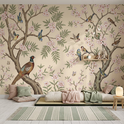 Floral Branches Wallpaper Cherry Blossoms Birds Removable Wall Decor