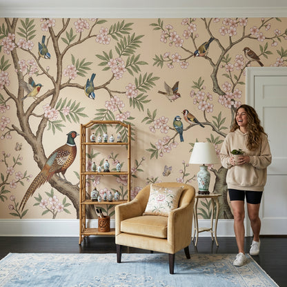 Floral Branches Wallpaper Cherry Blossoms Birds Removable Wall Decor