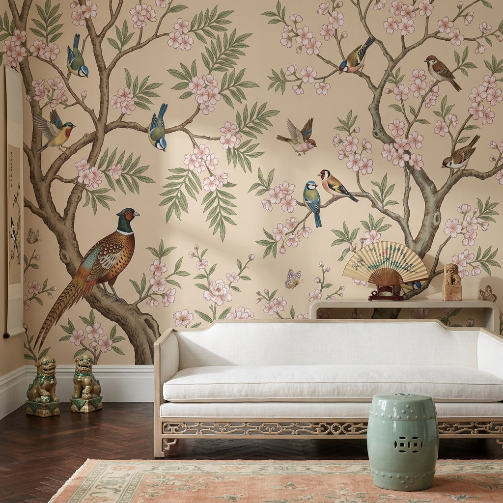 Floral Branches Wallpaper Cherry Blossoms Birds Removable Wall Decor