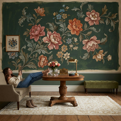 Vintage Floral Wallpaper Dark Green Background Hand Painted Botanicals Wall Mural